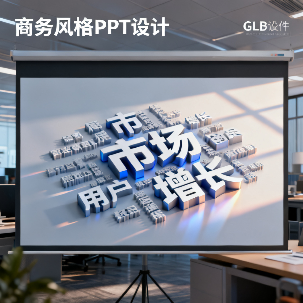 一个GLB格式的3D文字云模型嵌入PPT幻灯片中,背景为商务风格,文字云包含“市场”、“增长”、“用户”等关键词,带有光影效果