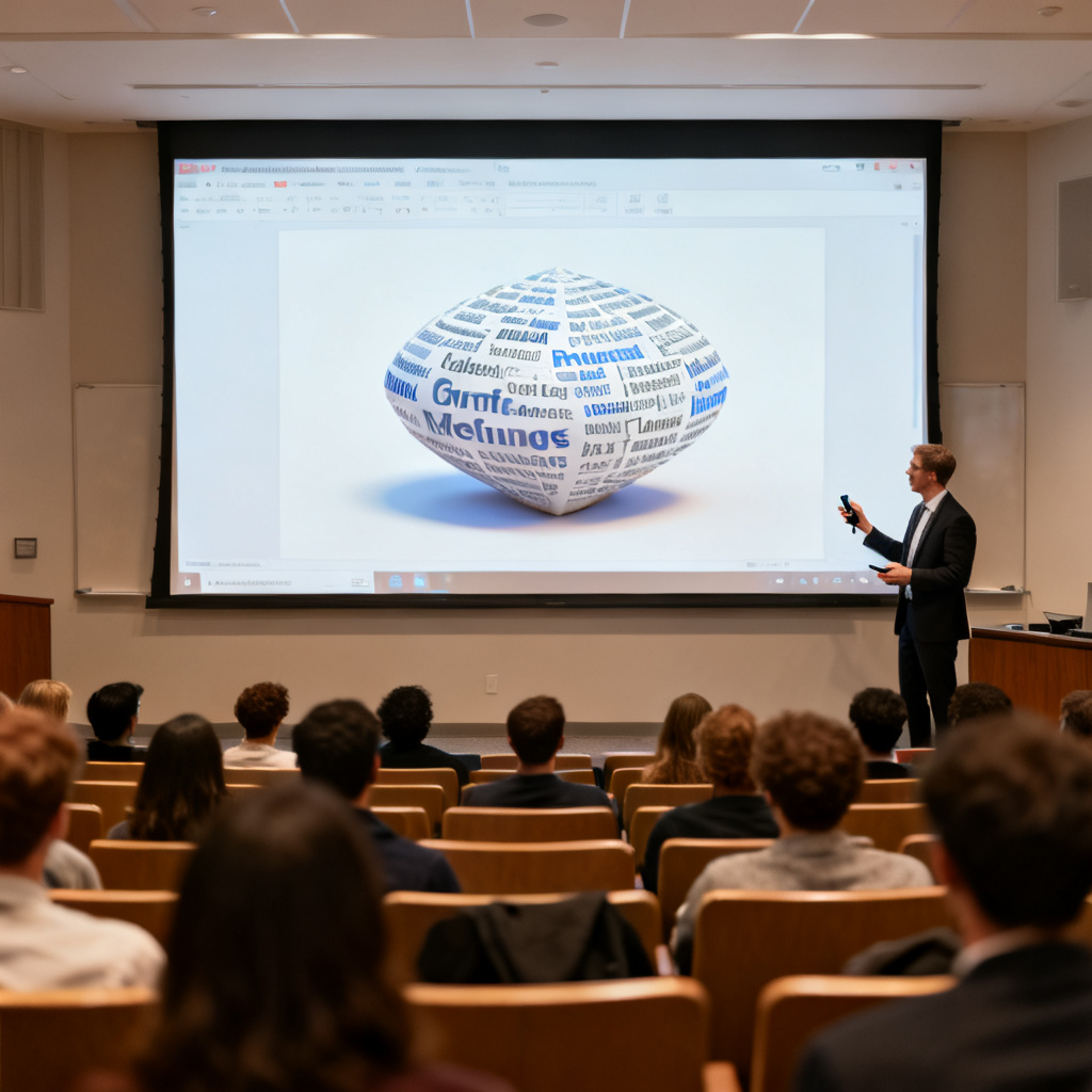 An academic lecture hall, a large screen showing a PowerPoint slide with an embedded 3D word cloud model, a presenter using a clicker to rotate the model, audience looking intently