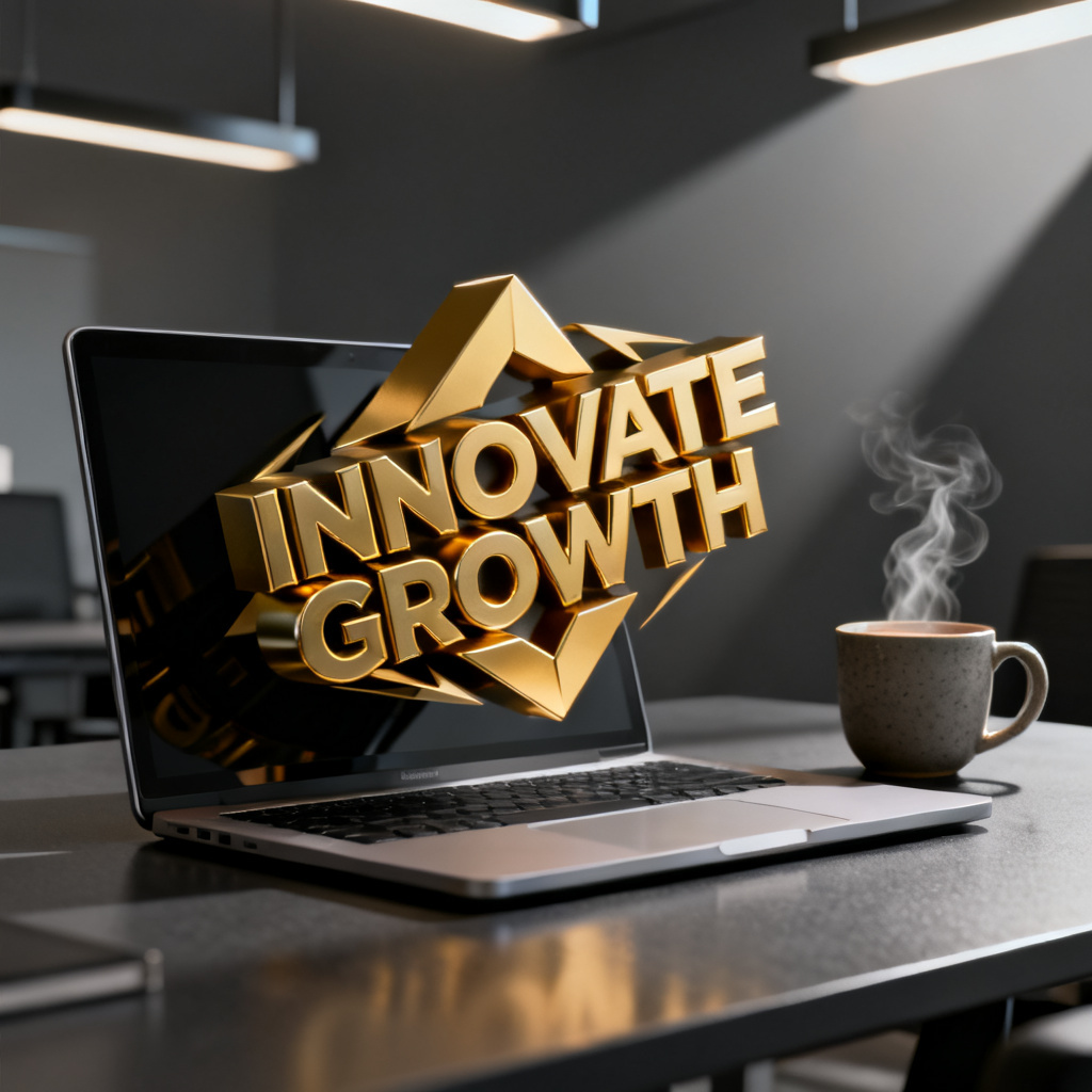 A 3D word cloud in the shape of a company logo rotating on a laptop screen, background with a modern office desk and coffee cup, style cinematic lighting and high contrast