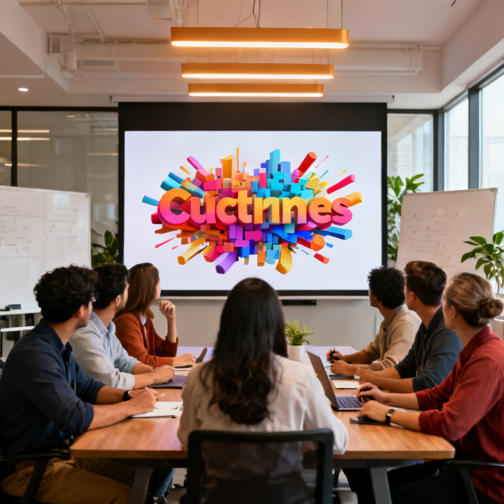 A diverse team of professionals collaborating on a presentation, with a large 3D word cloud displayed on the screen