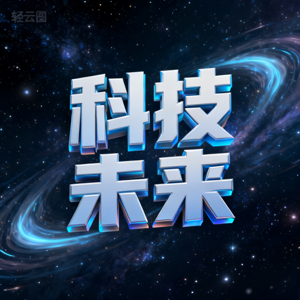 一张由轻云图生成的3D文字云，主题为“科技未来”，字体立体，背景为深邃的宇宙星空，带有流动的光效。