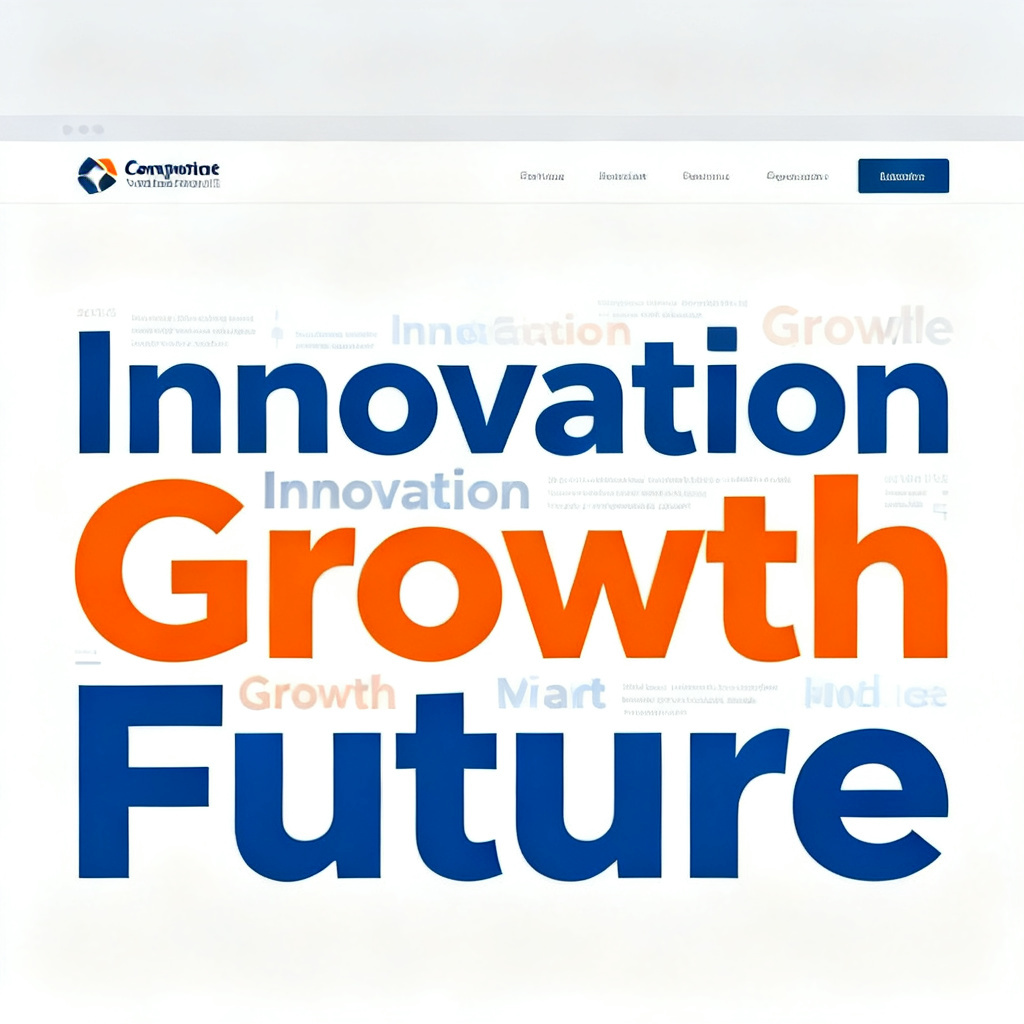A corporate website homepage with a word cloud as hero graphic, keywords 'Innovation', 'Growth', and 'Future', modern flat design, corporate blue and orange palette, clean layout
