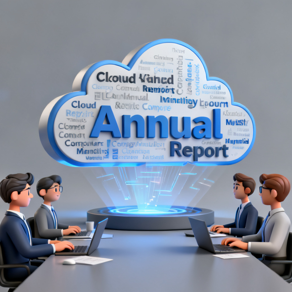 A marketing team using a cloud-based word cloud tool to generate a 3D animation for a company annual report presentation.