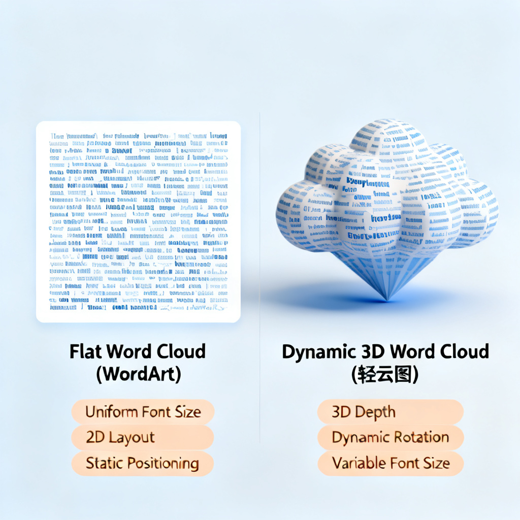 Side-by-side comparison of a flat word cloud (WordArt) and a dynamic 3D word cloud (轻云图), with labels highlighting features, clean infographic style