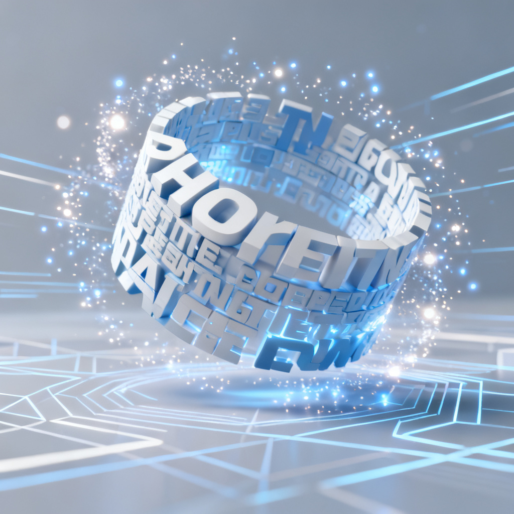 A 3D word cloud rotating in a futuristic style, with brand colors of light blue and white, surrounded by glowing particle effects and abstract geometric lines