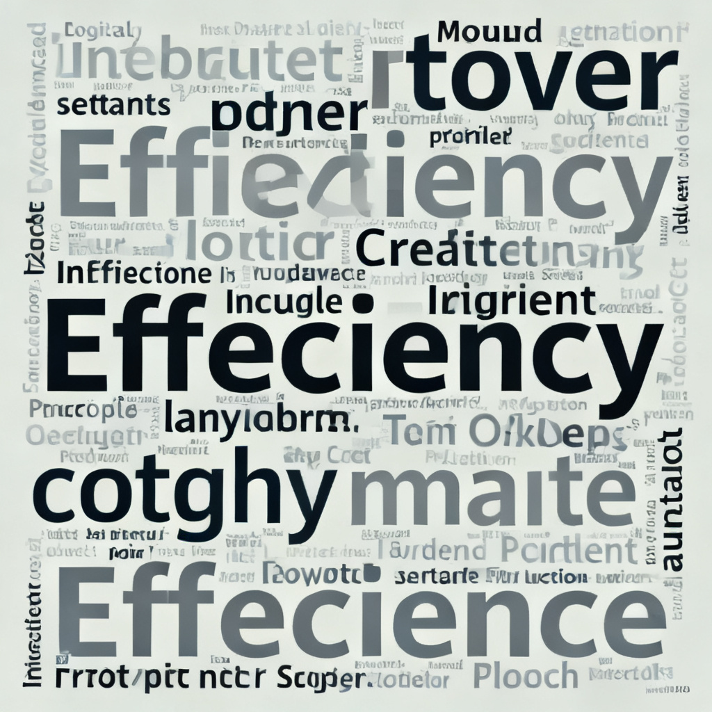 A cluttered and messy traditional word cloud with overlapping words and uneven sizes, in a dull flat design, representing inefficiency, digital art style.