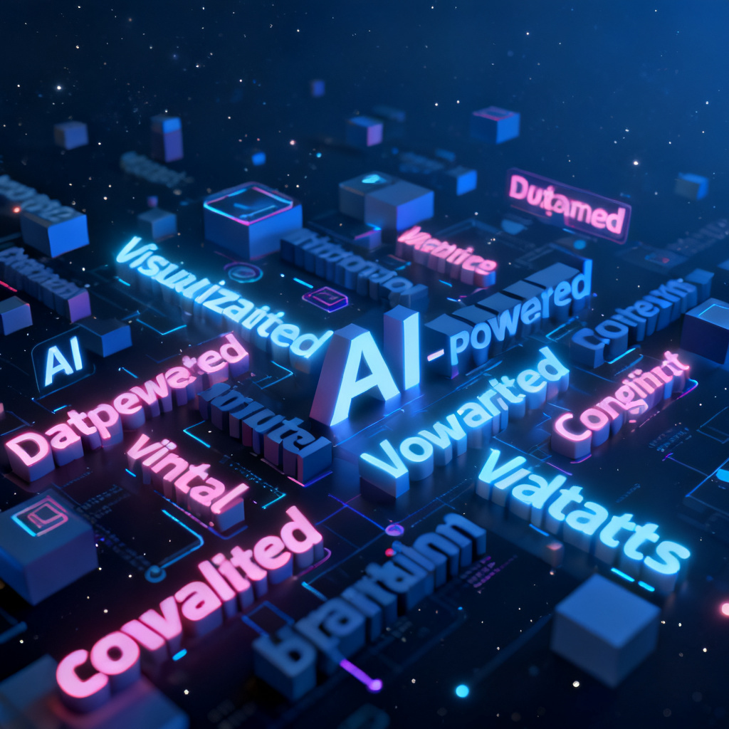 A futuristic 3D word cloud with glowing keywords floating in a dark blue space, representing AI-powered data visualization