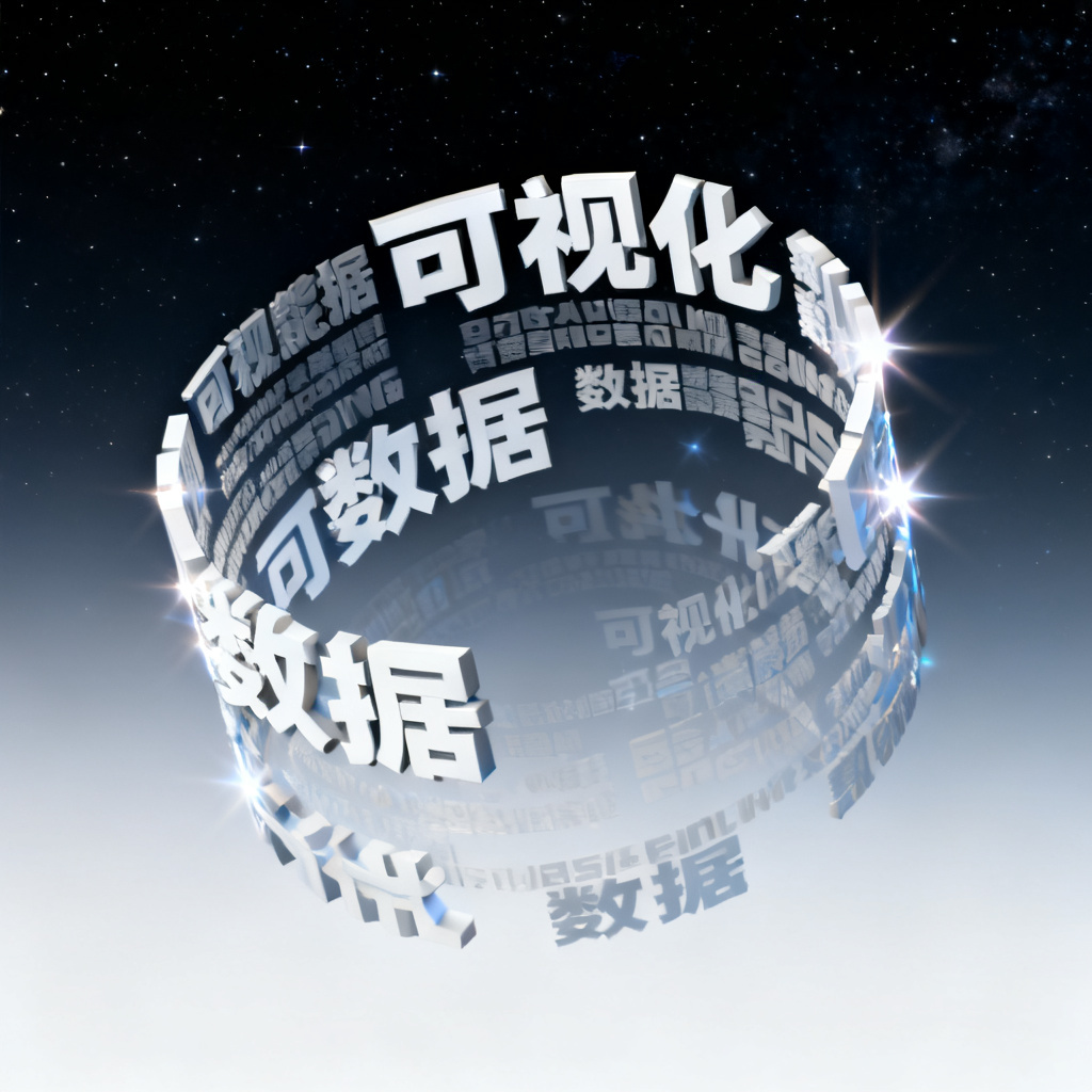 动态GIF展示文字云从平面2D布局旋转至3D立体形态，关键词‘可视化’与‘数据’在旋转过程中逐渐放大并闪烁，背景从白色渐变为深空色，增强空间层次感