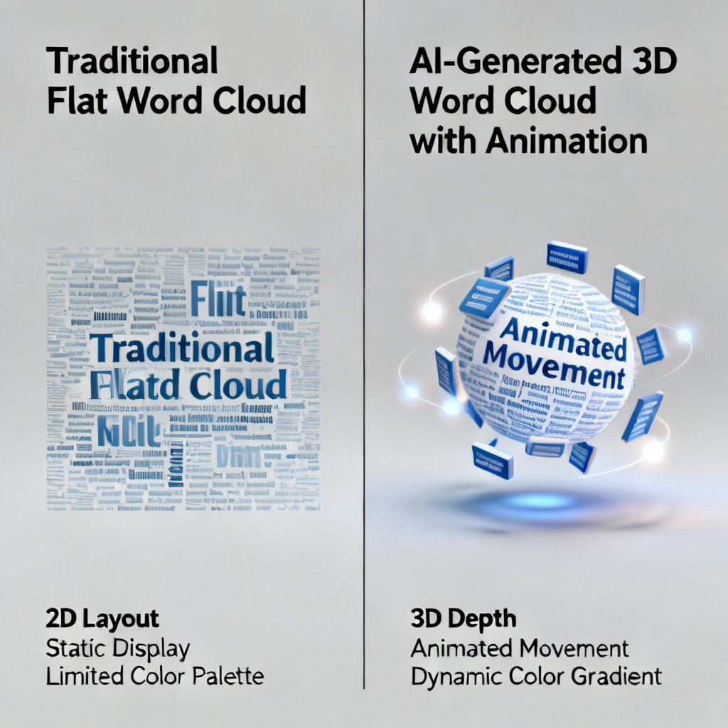 A comparison of traditional flat word cloud vs AI-generated 3D word cloud with animation, shown side by side in a professional infographic