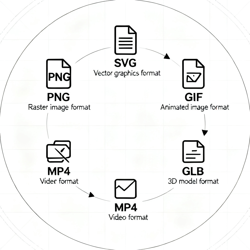 A flowchart showing the output formats of LightCloud Diagram: PNG, SVG, GIF, MP4, and GLB. Each format is represented by an icon and a brief description, arranged in a circular layout. The background is a clean white with subtle grid lines, giving it a technical diagram feel. The style is minimalist and informative.
