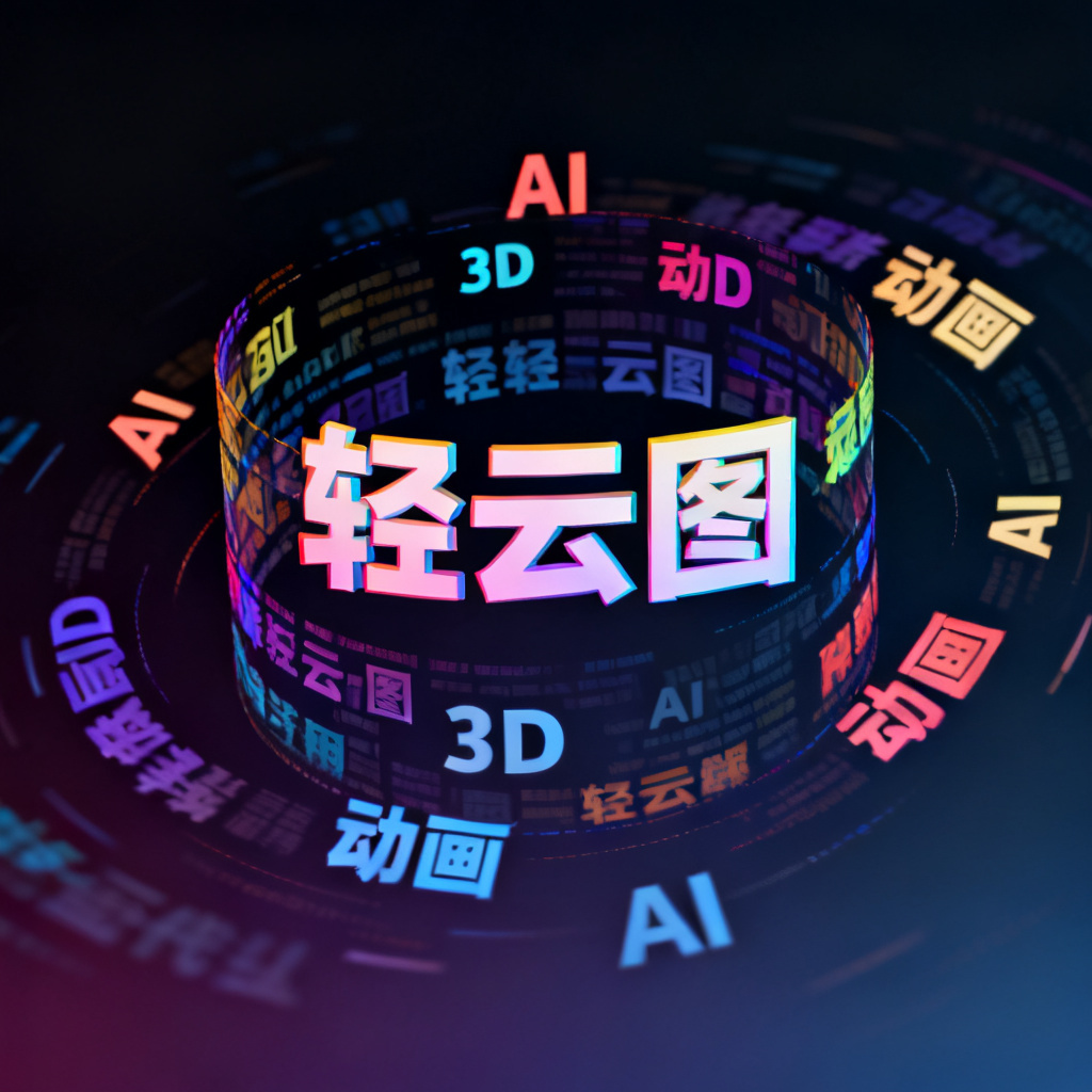 动态文字云动画截图，关键词“轻云图”从屏幕中心放大旋转出现，周围“AI”“3D”“动画”等词以不同速度环绕运动，背景为深色渐变，文字颜色鲜艳