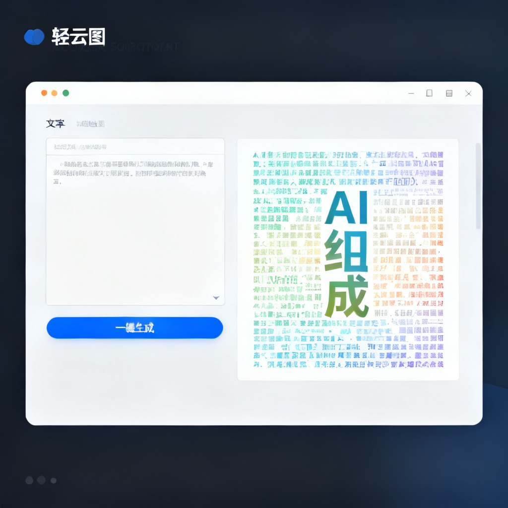 电脑屏幕截图，显示轻云图软件界面。左侧是文本输入框，右侧是AI自动生成的词云预览，文字清晰排列，色彩和谐。界面简洁，有“一键生成”按钮突出显示。