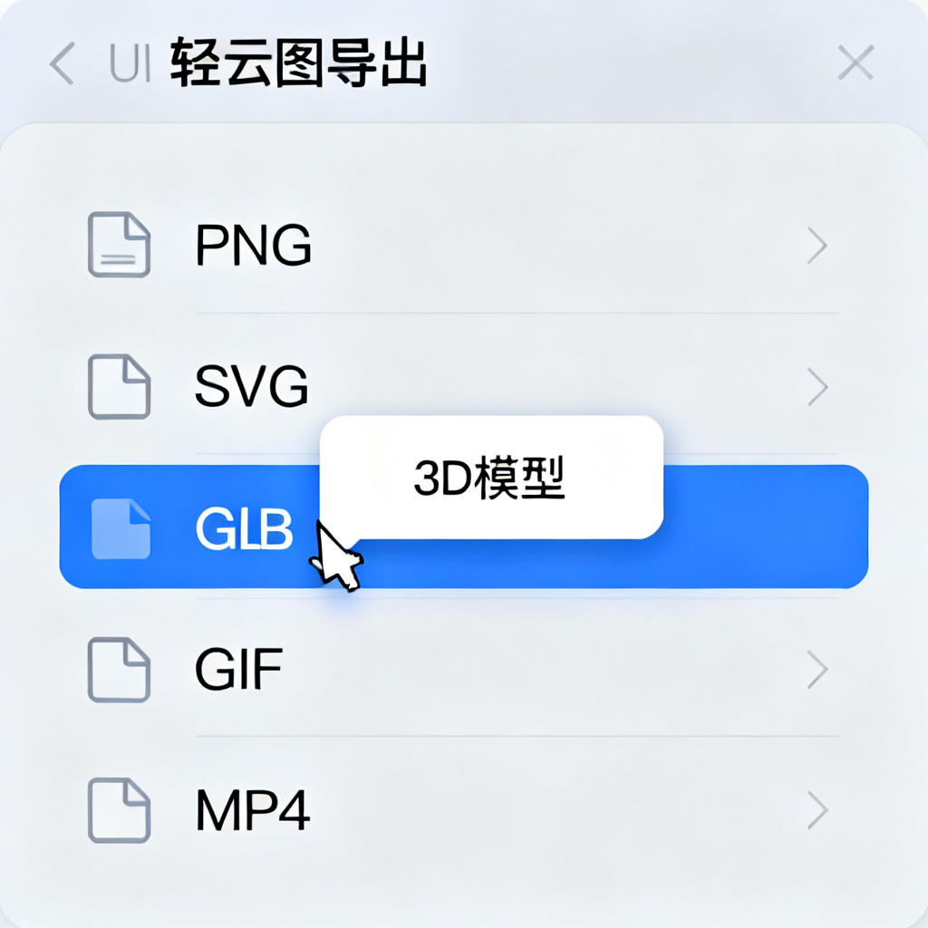轻云图导出选项界面,显示PNG、SVG、GIF、MP4四种格式,鼠标悬停在GLB选项上,弹出‘3D模型’提示