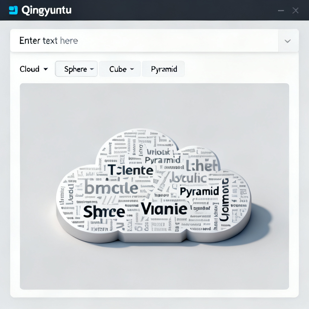 A clean and modern screenshot of the Qingyuntu interface, showing the text input area, shape selection menu, and a preview of a 3D word cloud.
