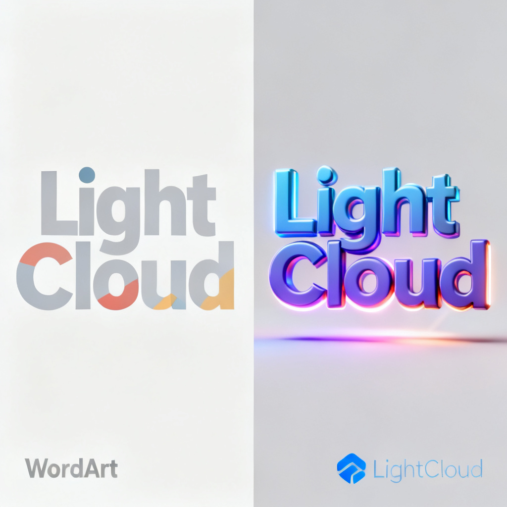 A side-by-side comparison of a flat, outdated word cloud with muted colors and basic shapes (left) versus a vibrant, 3D word cloud with dynamic lighting and modern typography (right). The left side has a watermark "WordArt" and the right side has a subtle "LightCloud" logo. Style: clean, minimalist, professional.