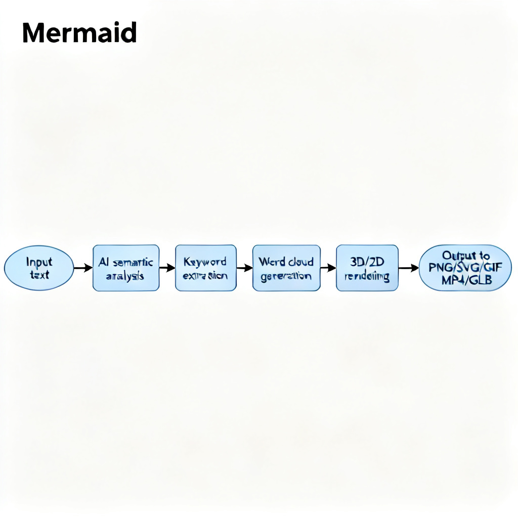 A Mermaid flowchart showing the AI workflow of Qingyuntu: Input text → AI semantic analysis → Keyword extraction → Word cloud generation → 3D/2D rendering → Output to PNG/SVG/GIF/MP4/GLB, clean and professional diagram style
