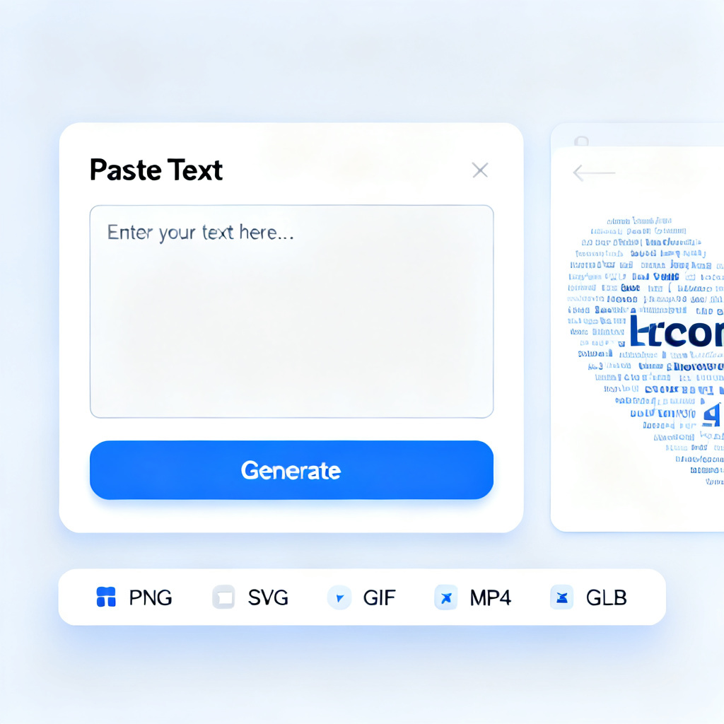 User interface of AI-powered word cloud tool showing "Paste Text" input box and "Generate" button, output preview with multiple format export options: PNG, SVG, GIF, MP4, GLB