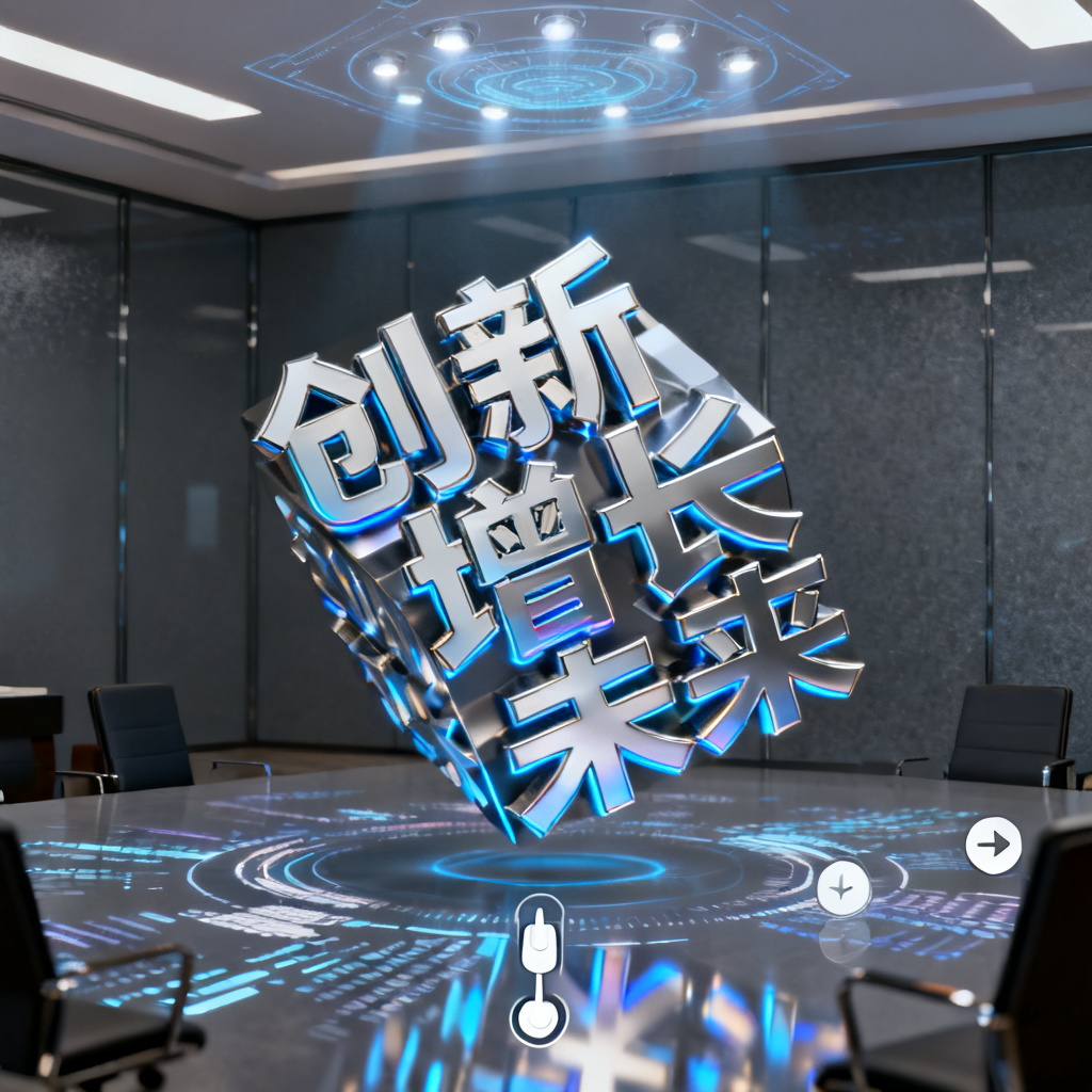 3D文字云模型，关键词“创新”“增长”“未来”悬浮在虚拟会议室中，可旋转互动