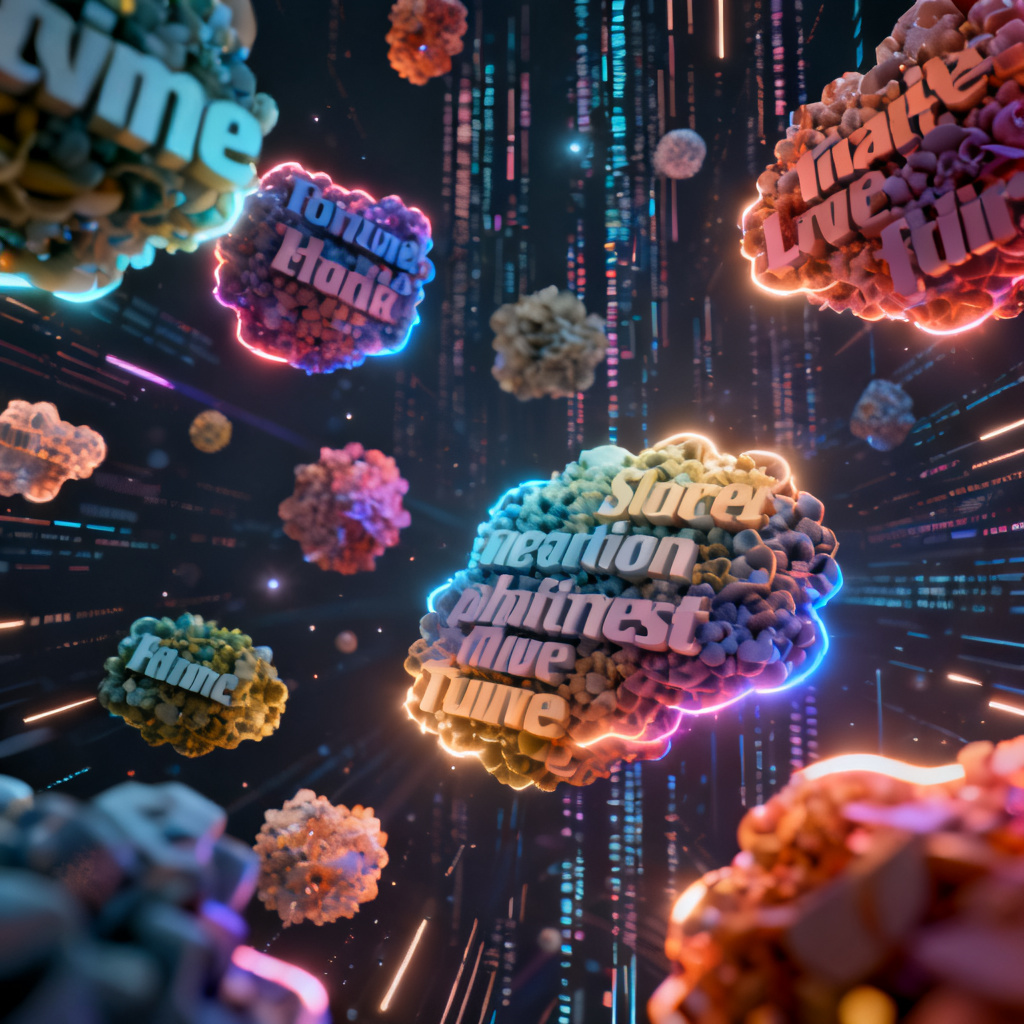 A collection of exquisite word clouds in various shapes and colors, some floating in 3D space with glow effects, abstract background with data streams, high contrast lighting, ultra-detailed, artistic composition, 8K quality