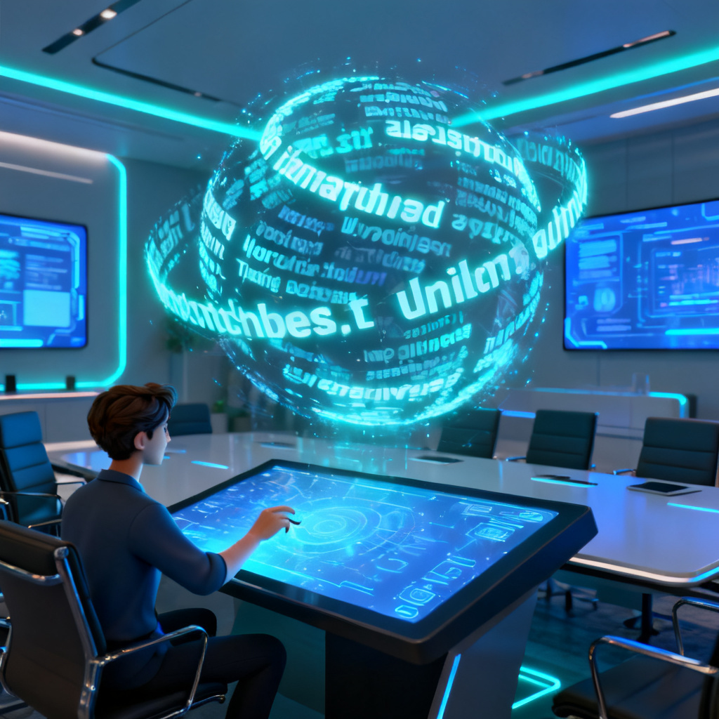 A futuristic 3D word cloud with glowing text elements rotating in space, with a person dragging and interacting with it on a large touchscreen display in a modern conference room