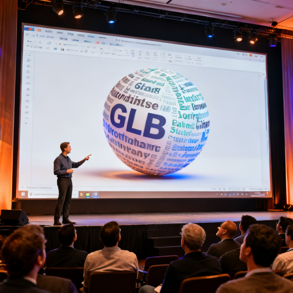 A presenter standing on a stage, pointing at a large screen. On the screen, a 3D word cloud model (GLB format) is embedded in a PowerPoint slide, rotating slowly. The audience looks engaged and impressed.