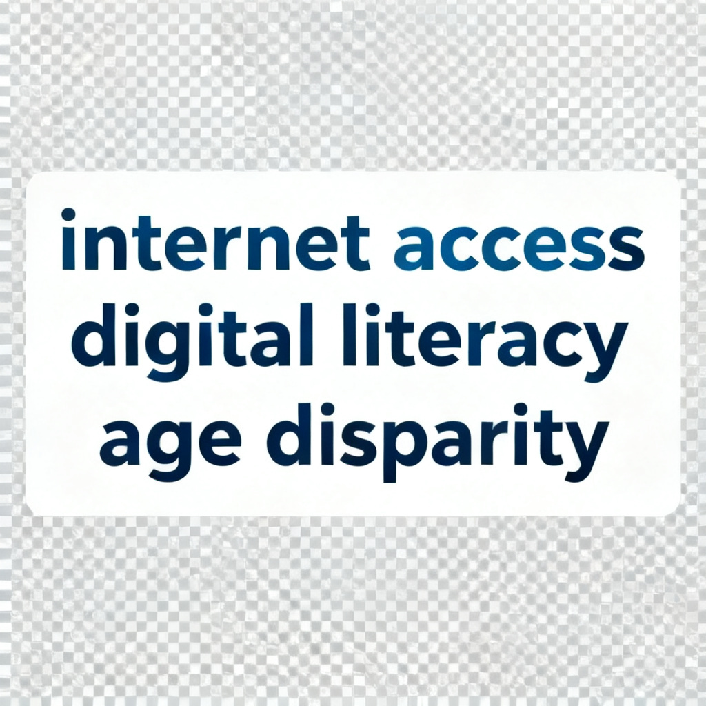 A clean, transparent-background word cloud in academic style, with keywords like "internet access," "digital literacy," and "age disparity" arranged in a neat rectangle, suitable for a research paper.
