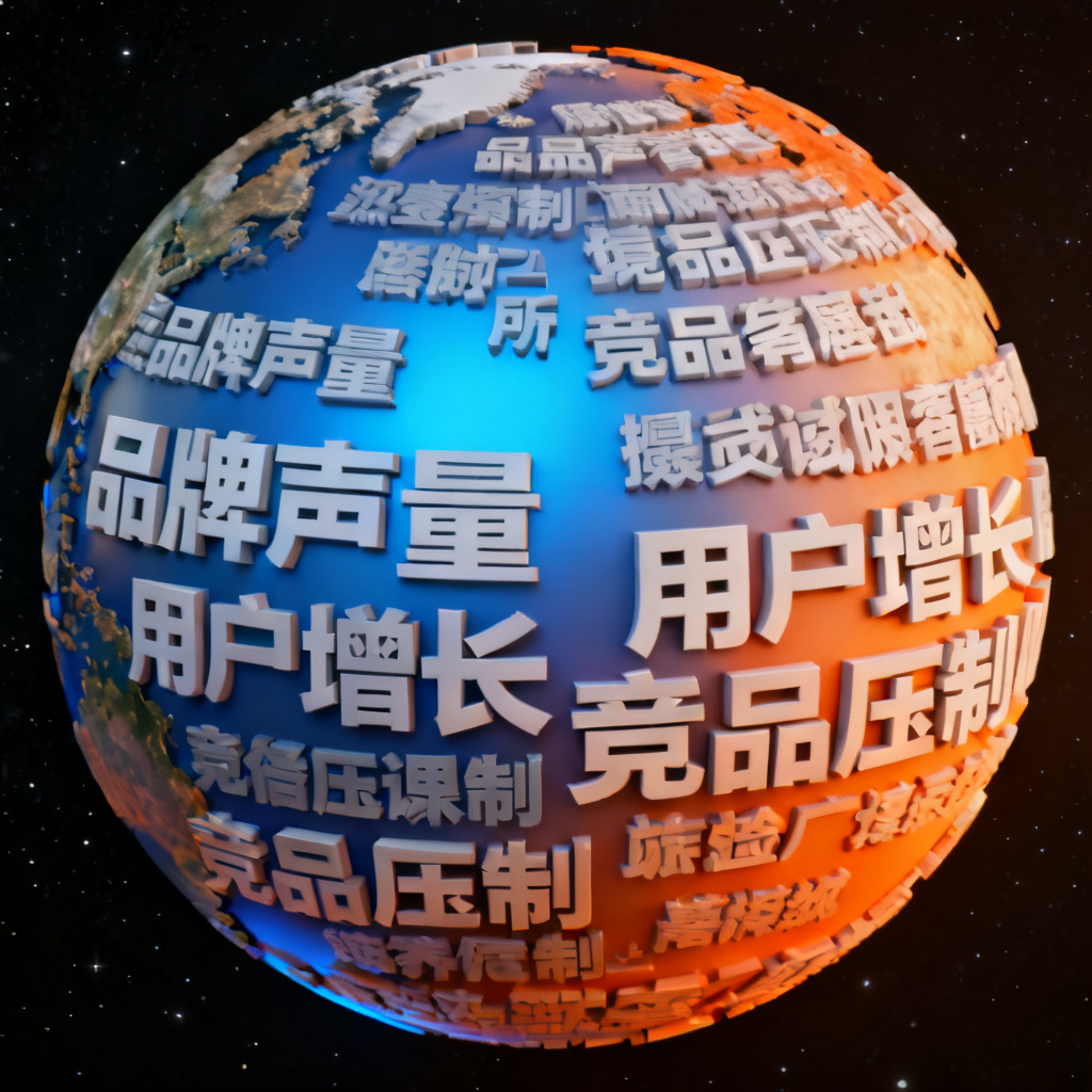 一个由文字构成的3D立体地球，关键词“品牌声量”“用户增长”“竞品压制”以不同字号环绕地球表面，色彩渐变从中心蓝色向边缘橙色过渡，背景为深空黑色，文字云整体呈旋转动态效果