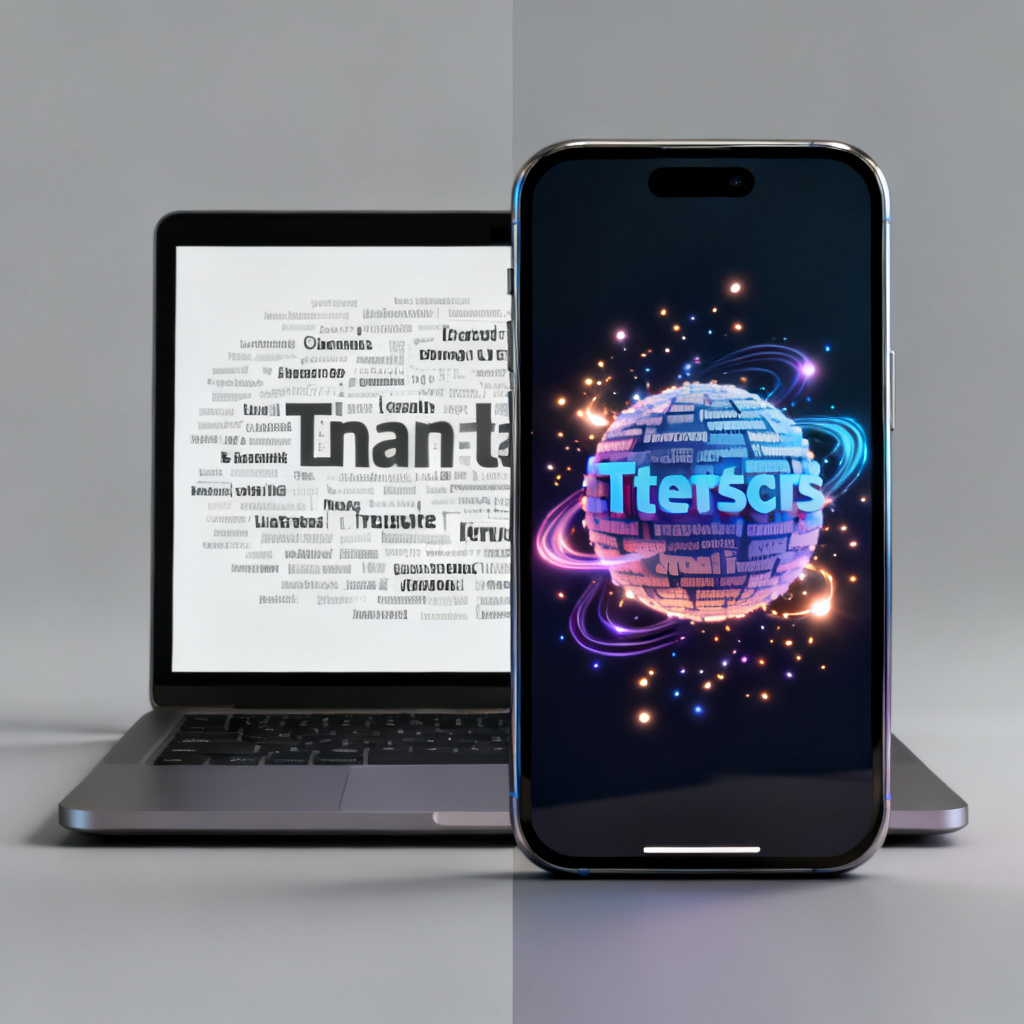 A split-screen comparison: left side shows a cluttered static word cloud on a laptop screen; right side shows a dynamic 3D word cloud with glowing particles on a smartphone, highlighting the contrast between old and new tools.