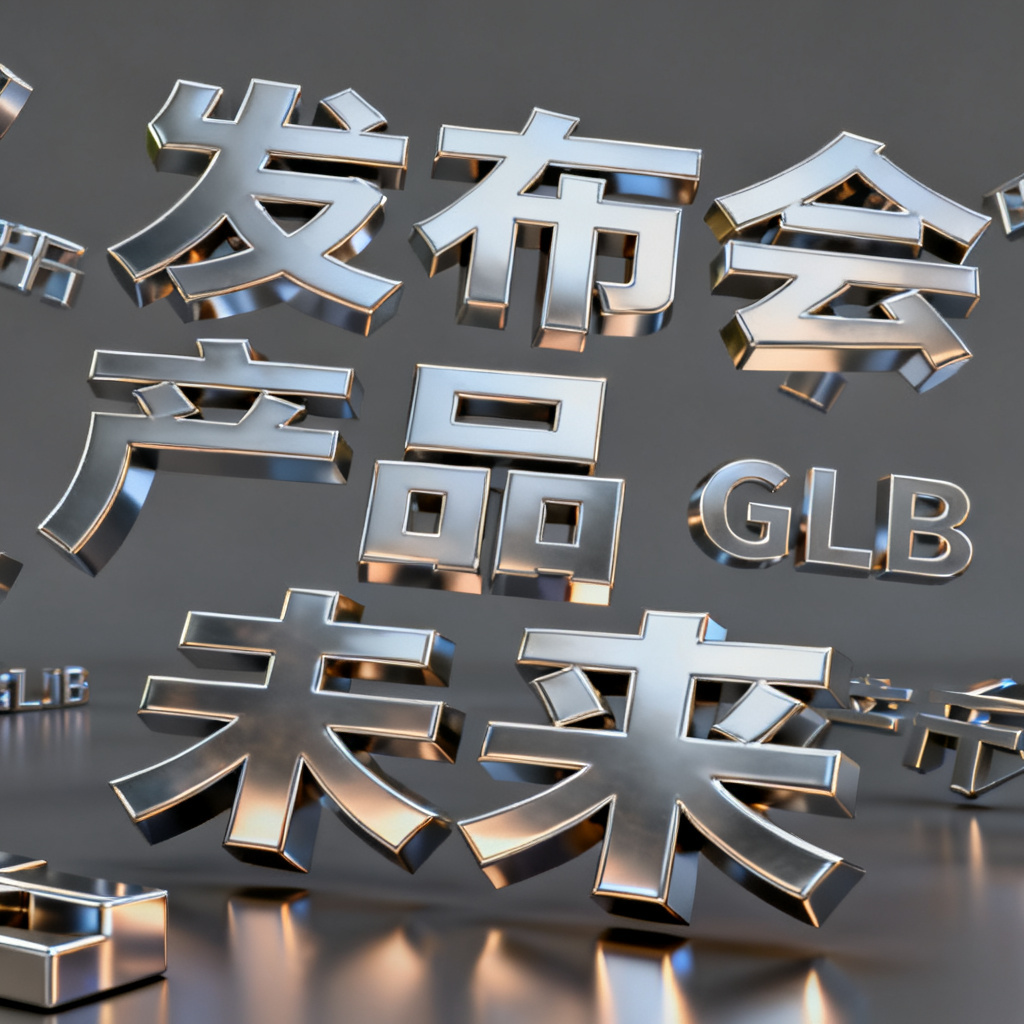 3D模型文字云，GLB格式，关键词“发布会”“产品”“未来”，金属质感，可交互视角