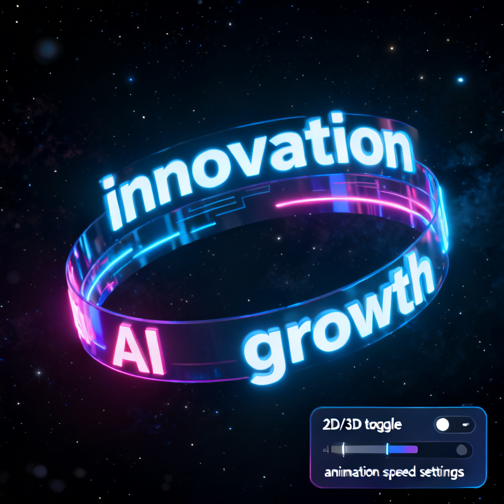 A dynamic 3D word cloud animation in progress, keywords like "innovation," "growth," and "AI" rotating and glowing in a dark space, with a sleek control panel showing 2D/3D toggle and animation speed settings