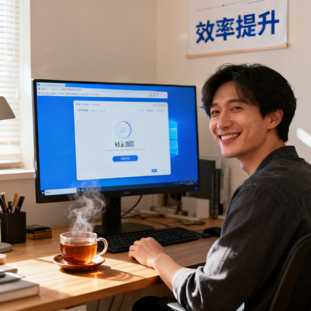 一位用户坐在电脑前，屏幕上显示轻云图完成页面，用户面带微笑，旁边有一杯茶，背景是整洁的书桌，墙上挂着“效率提升”的标语，整体氛围轻松而充满成就感