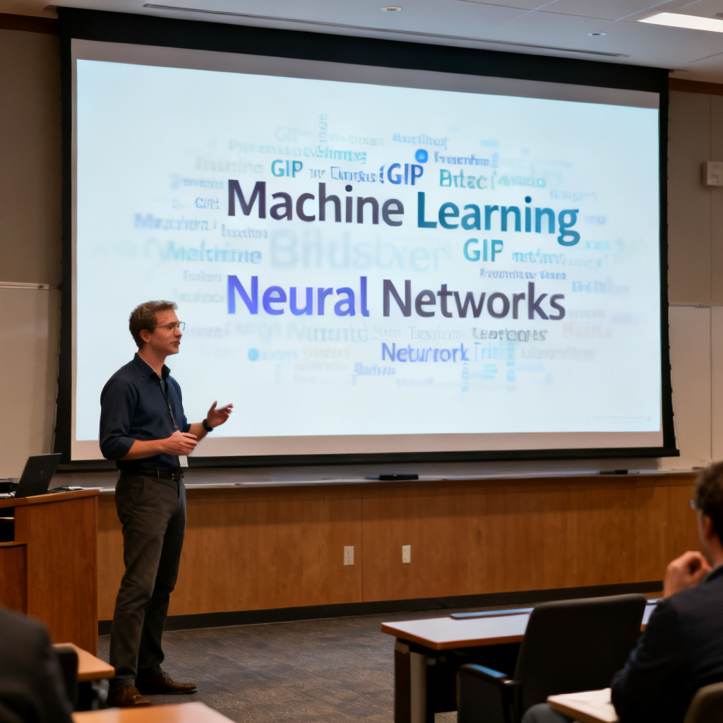 An academic conference room, a speaker presenting a dynamic GIF word cloud on a large screen, keywords "Machine Learning", "Neural Networks" fading in and out, professional lighting, 4K resolution