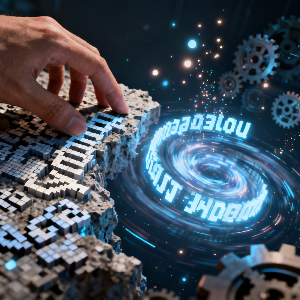 A close-up of a hand touching a rough, pixelated 2D word cloud, then transitioning to a smooth, glowing 3D word cloud rotating in space, with digital gears and light particles