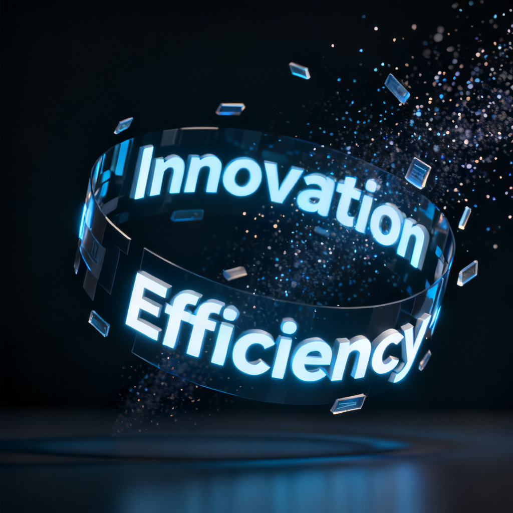 A stunning 3D word cloud rotating in mid-air, with glowing key terms like "Innovation" and "Efficiency" floating outwards, against a sleek dark background with particle effects