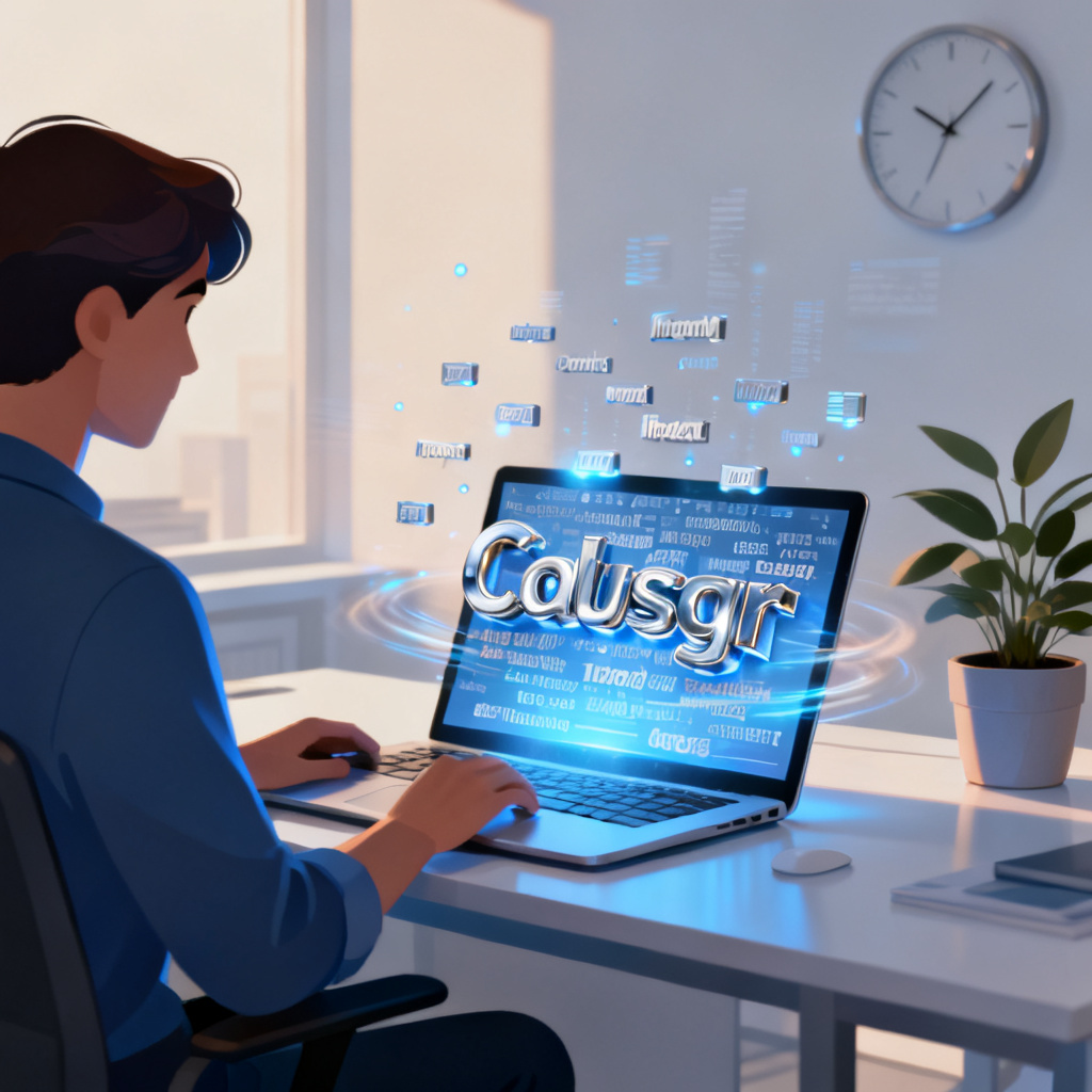 A person using a laptop with a glowing 3D word cloud displayed on the screen, surrounded by floating keywords and data particles, in a modern office setting