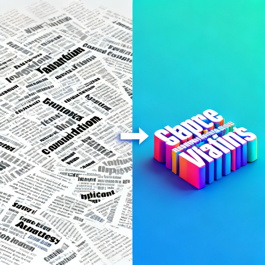 A comparison of a messy, traditional 2D word cloud with overlapping, unreadable text on the left, and a clean, vibrant, AI-generated 3D word cloud on the right, with a clear transition arrow.