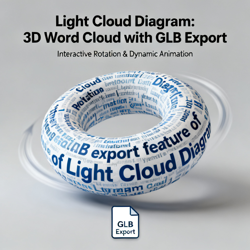 A professional presentation slide featuring a 3D word cloud embedded in PPT, with interactive rotation and dynamic animation, demonstrating the GLB export feature of Light Cloud Diagram