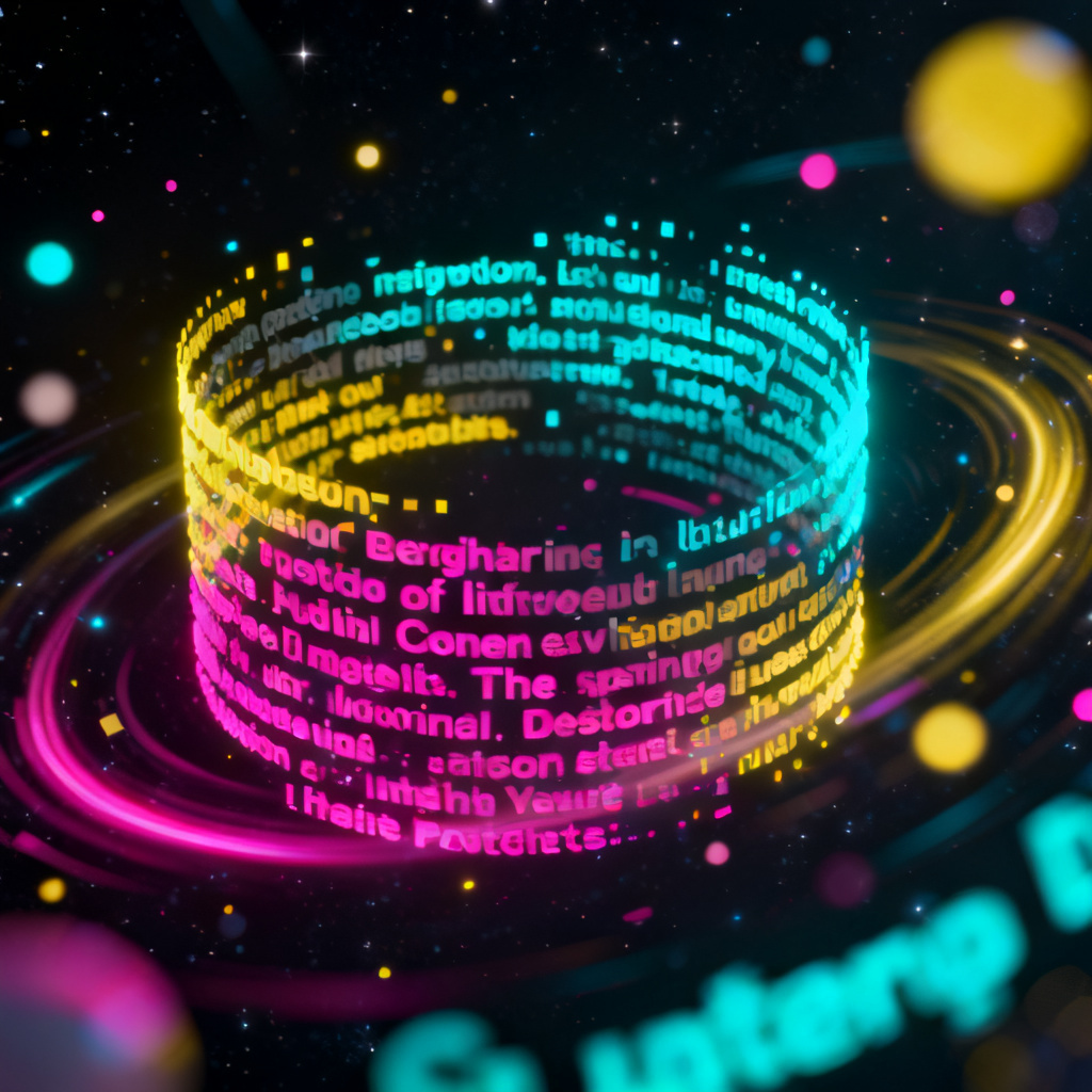 A 3D word cloud with rotating text particles in vibrant neon colors, floating in a dark space, with smooth animation and light reflections