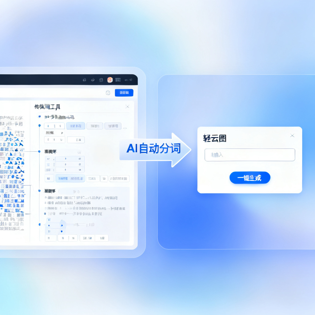 一张分屏对比图，左侧显示传统词云工具中用户手动添加单词、调整频率的复杂界面，右侧显示轻云图简洁的输入框和“一键生成”按钮，中间用箭头和“AI自动分词”文字标注过渡，背景为柔和的科技蓝色渐变