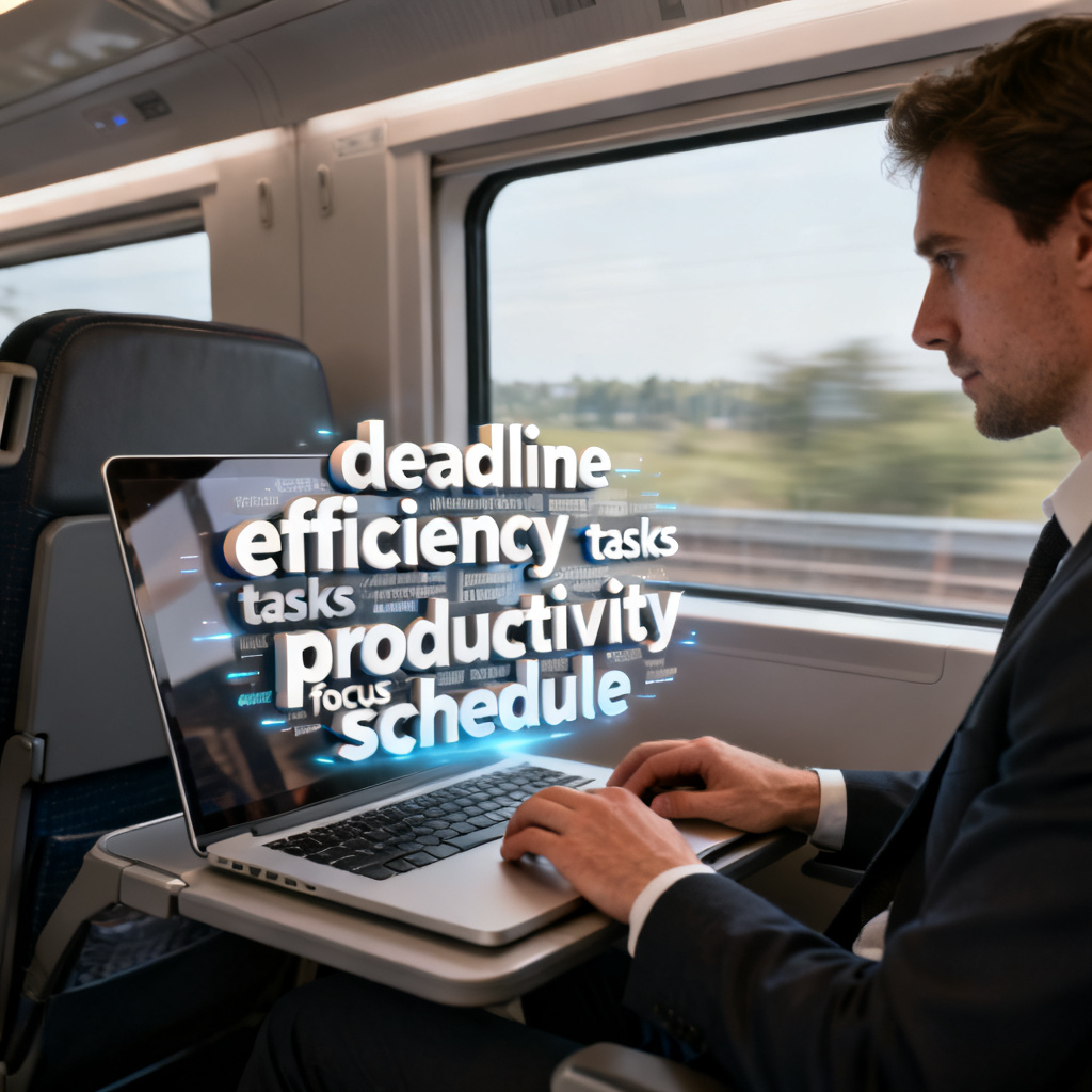 A professional commuter using a laptop on a high-speed train, with a 3D word cloud graphic floating above the screen, emphasizing productivity in a constrained environment