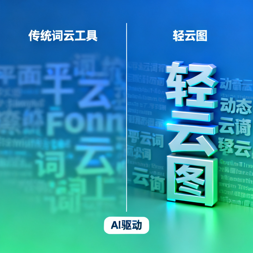 传统词云工具vs轻云图,左边是模糊平面词云,右边是动态3D文字云,标签‘AI驱动’