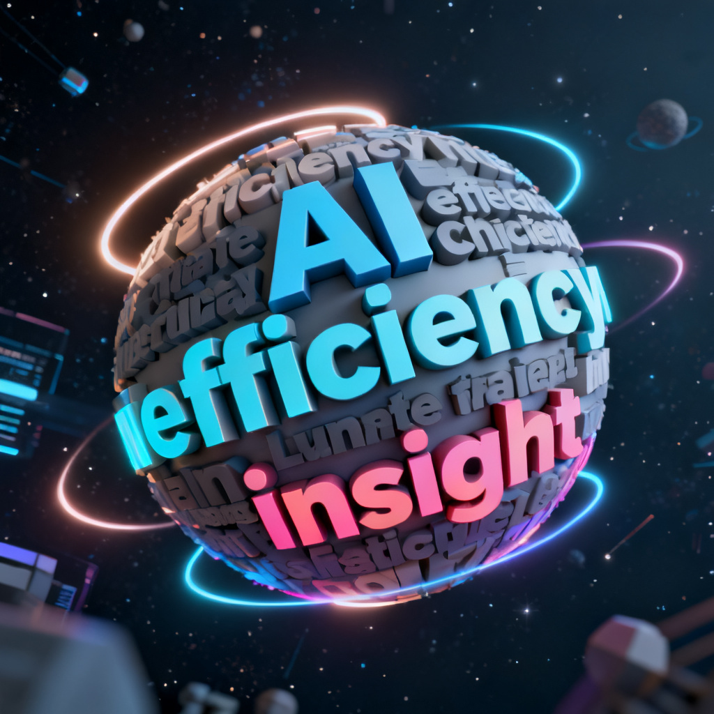 A 3D word cloud rotating in space with animated glow effects, keywords like "AI", "efficiency", "insight" highlighted in different colors, demonstrating the transition from static 2D to dynamic 3D visualization