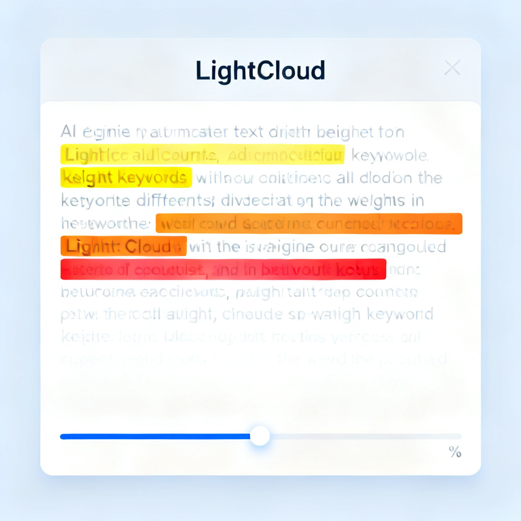 A clean UI mockup of the "LightCloud" (轻云图) editor interface, showing a user pasting text, and the AI engine automatically highlighting and weighting keywords in real-time with a progress bar.