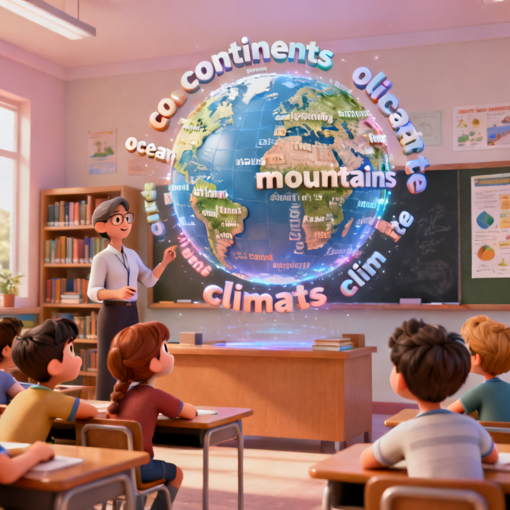 A teacher presenting a word cloud shaped like a globe in a classroom, with keywords about geography floating in 3D space, students watching with interest