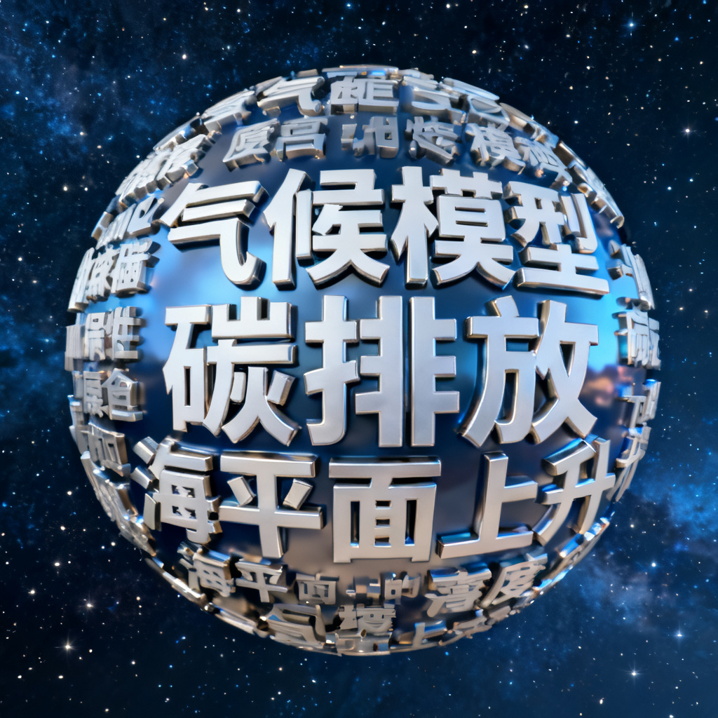 一个3D球形的文字云，关键词包括“气候模型”“碳排放”“海平面上升”，球体表面有光泽材质，背景为深蓝色星空，文字为白色