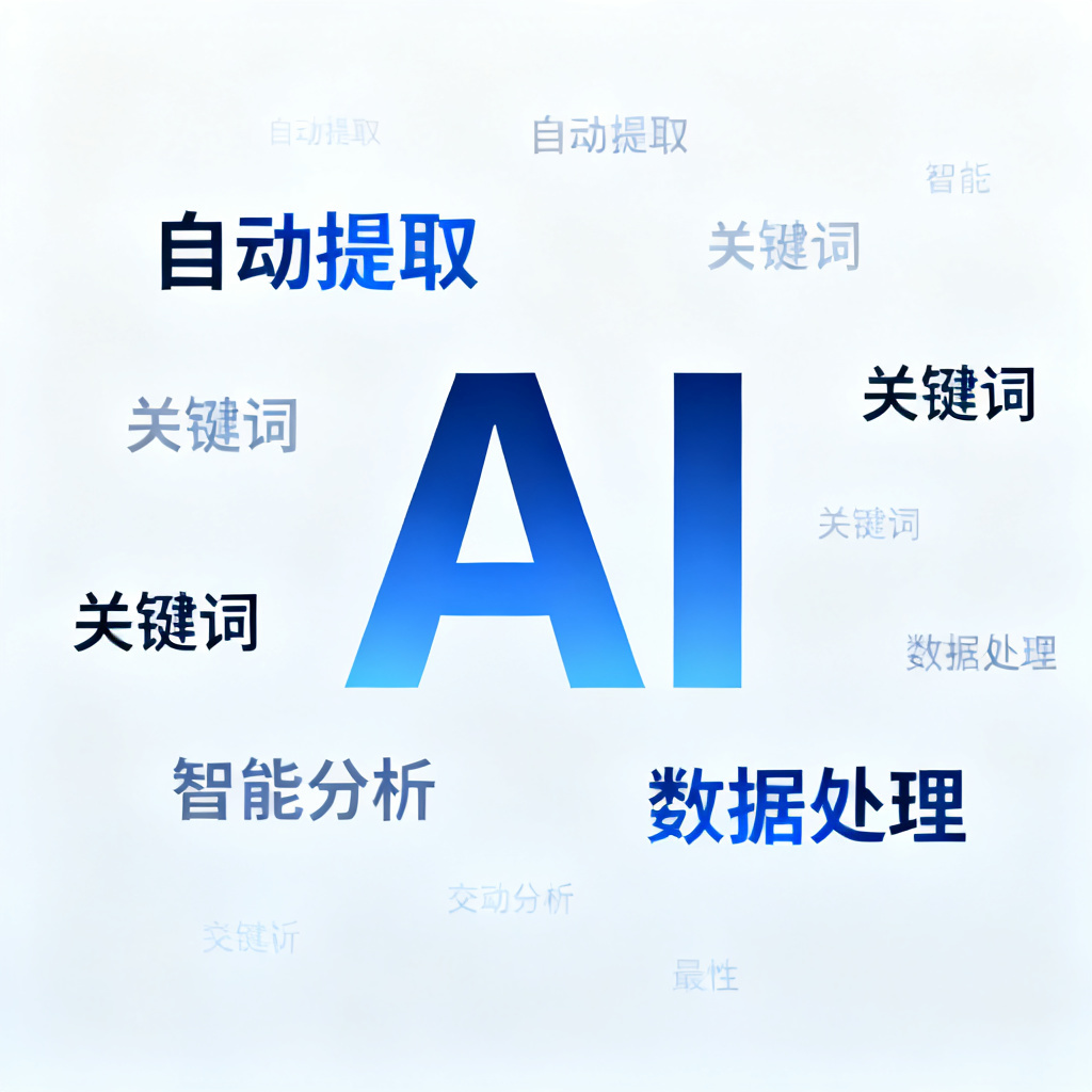 一张现代风格的文字云图，中心关键词巨大且突出，周围环绕相关小词，色调为科技蓝渐变，背景简洁，展示AI自动提取关键词的效果