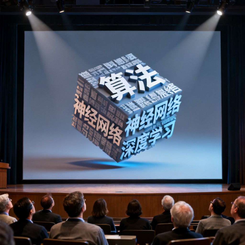 一个学术报告厅，大屏幕上展示一个3D文字云模型，核心关键词如“算法”、“神经网络”、“深度学习”以立体形式排列，模型正在缓慢旋转，台下评委注视屏幕。