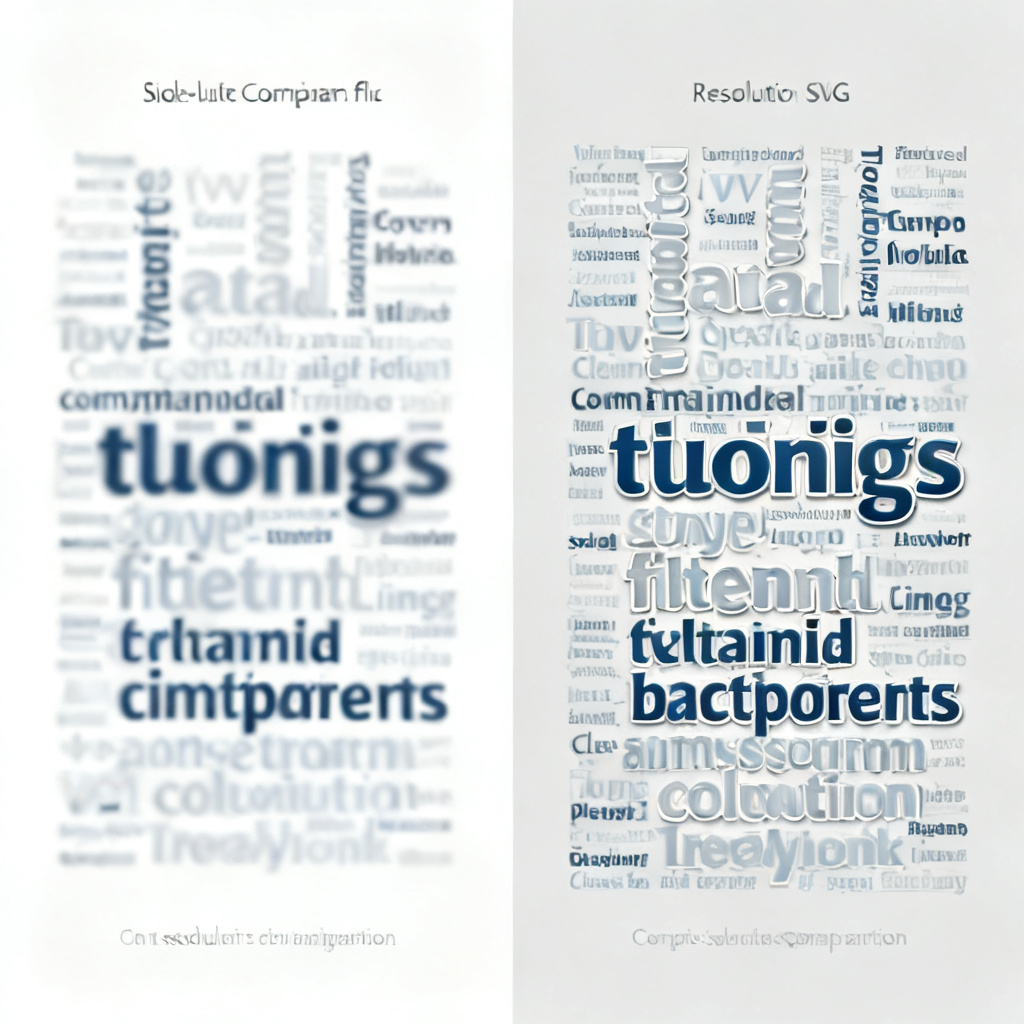 A side-by-side comparison: left side shows a traditional flat word cloud in low resolution; right side shows a high-resolution SVG word cloud with custom fonts and transparent background.