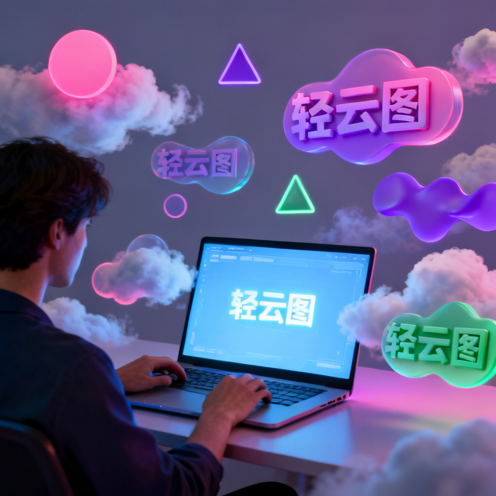 A montage showing a person using a laptop with "轻云图" interface glowing on screen, with floating 3D word clouds in various shapes around the laptop, representing productivity and creativity
