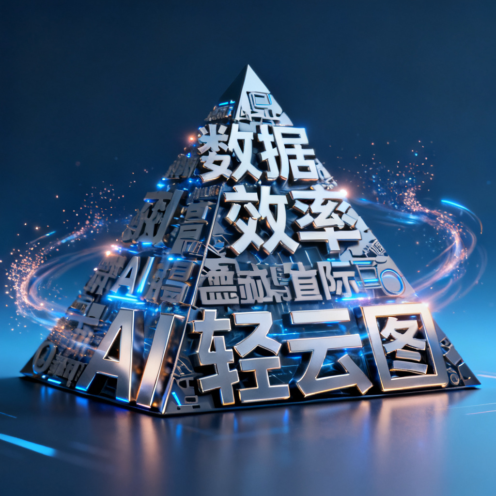 一个3D文字云，由“数据”“效率”“AI”“轻云图”等关键词组成，形状为金字塔，背景为深蓝色渐变，带有发光特效和粒子扩散动画，风格科幻。